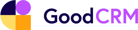 GoodCRM logo, rectangular with black and purple copy